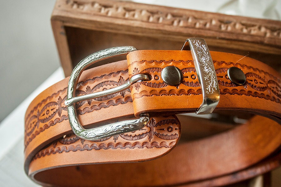 Custom Leather Belt - 1.5 inches wide by your custom length - Western Clouds Pattern with your choice of stain color - Unisex