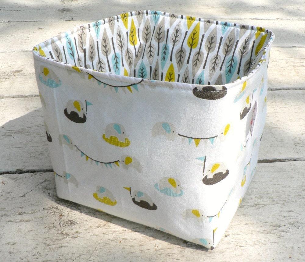 Organic Fabric Basket - Tiny Elephants and Leaves in Blue, Gray and Yellow