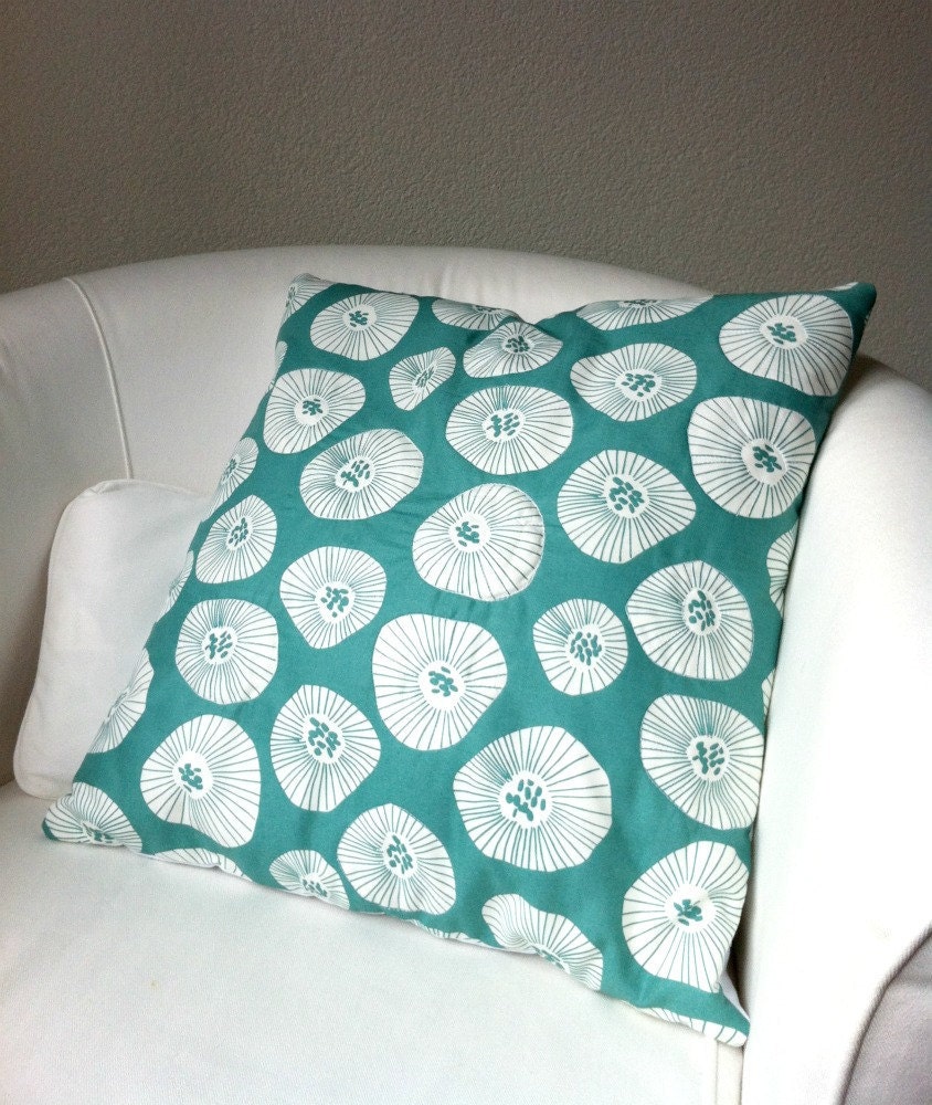 Throw Pillow Cover - White Poppies on Teal
