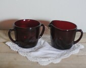 vintage ruby red creamer and sugar