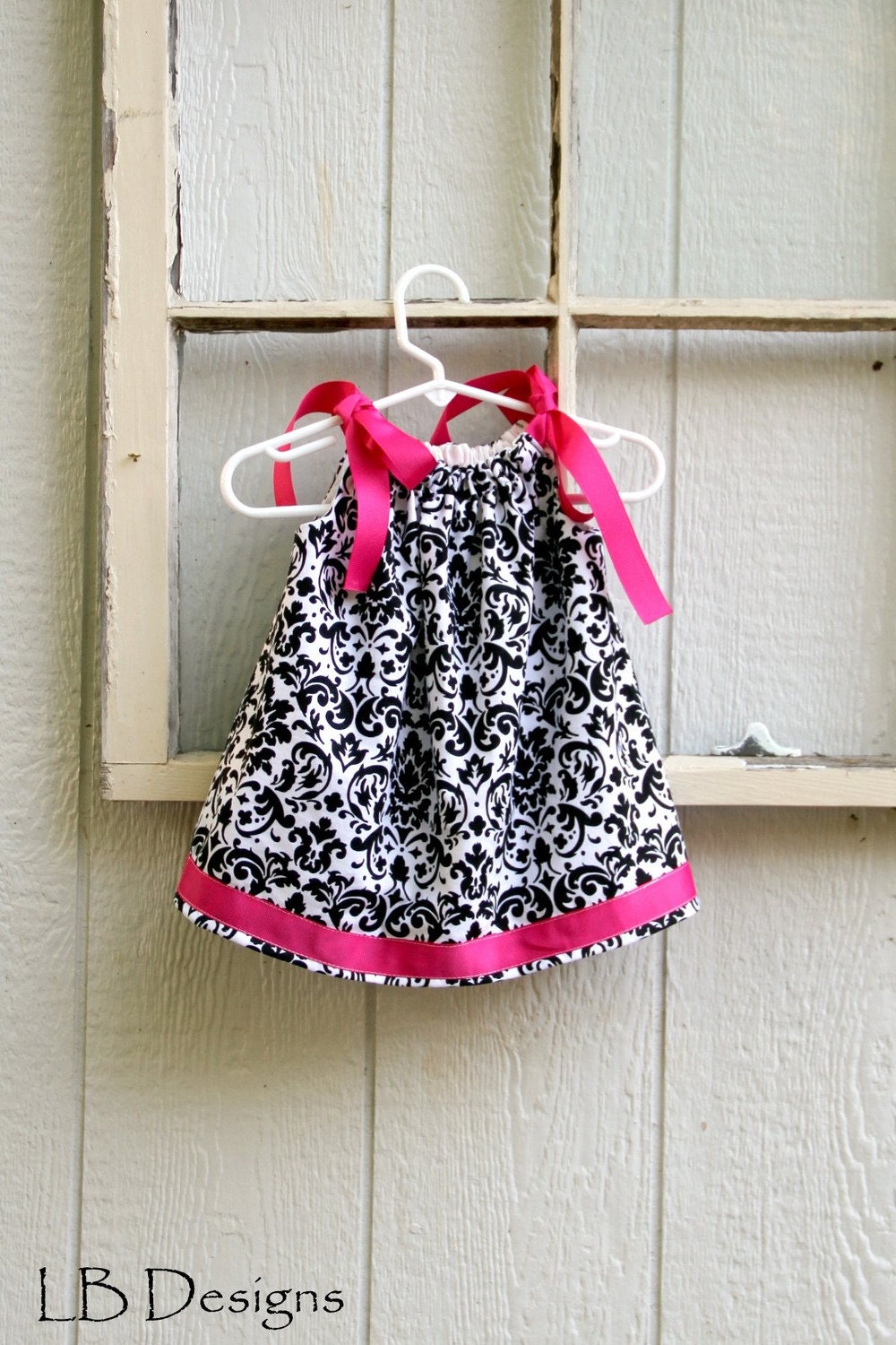 Dress, White/Black Damask Pillowcase Dress with Hot Pink Ribbon