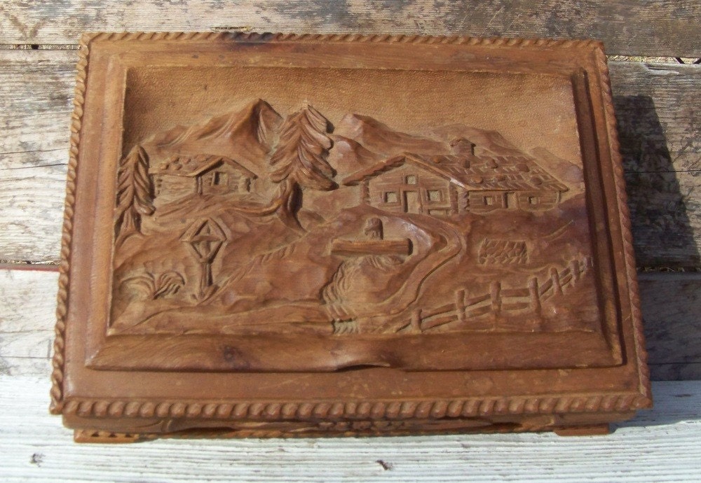 One of a kind, vintage, hand carved, signed, knotty, wooden, Swiss or German mountian chalet scene, pines, jewelry box, keepsake box on Etsy - Treasury Featured