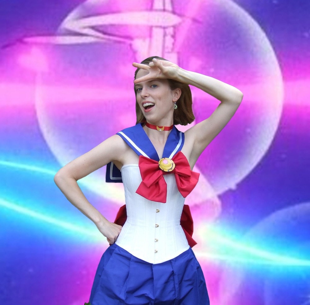 Sample SALE- 20" waist Sailor Moon Silk Corset costume- overbust, steel boned, custom made