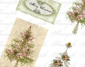 Romantic Christmas Trees Labels Backgrounds Aceo  Altered Art digital collage sheet