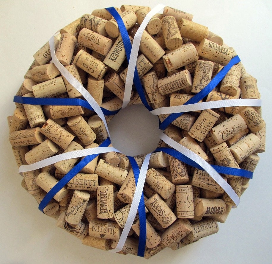 Wine Cork Wreath Wrapped with Blue and White Ribbon