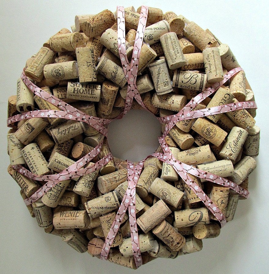 Wine Cork Wreath with Pink Cherry Blossom Ribbon
