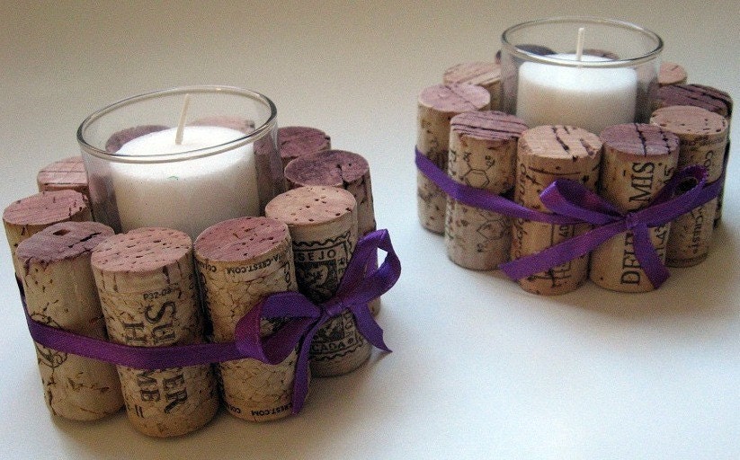Wine Cork Votive Holders with Purple Ribbon-Set of Two- Wedding, Holidays, Hostess Gift, Romantic Dinner, Home Decor