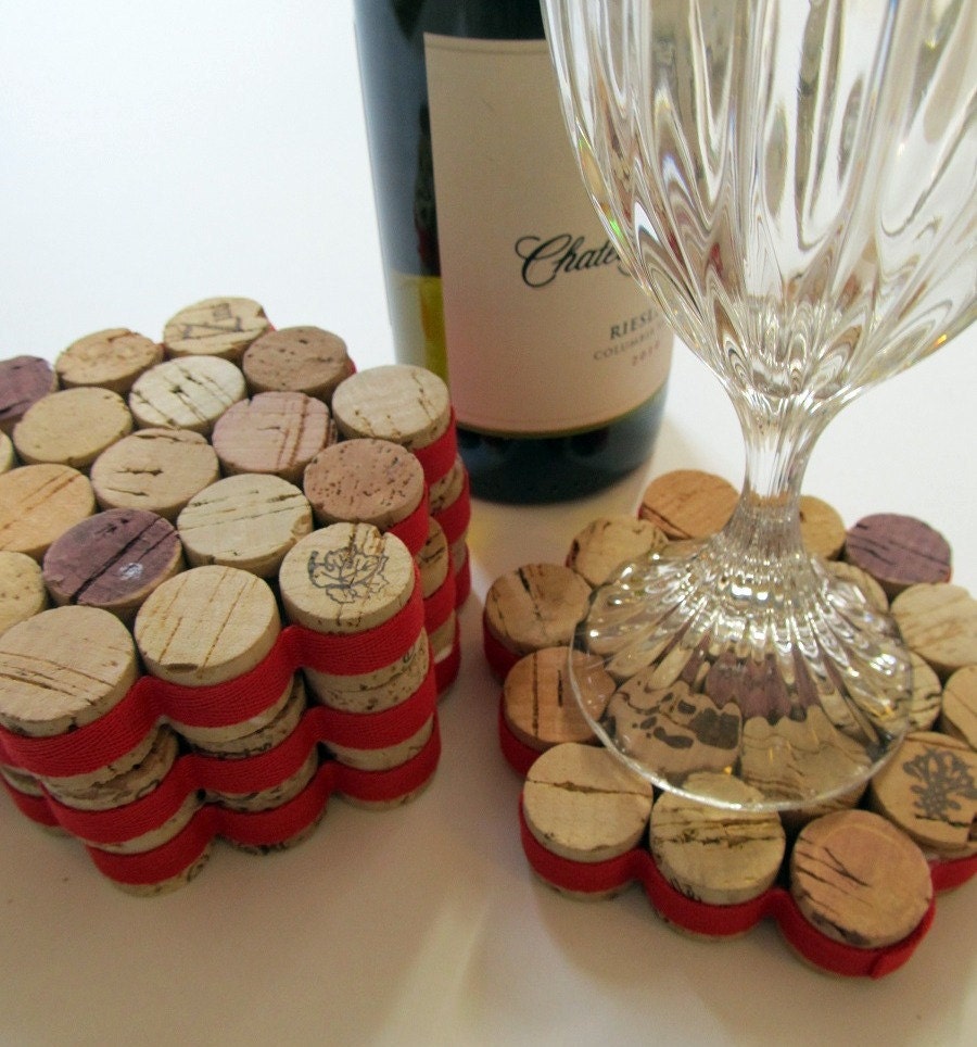 Honeycomb Wine Cork Coasters Wrapped in Red