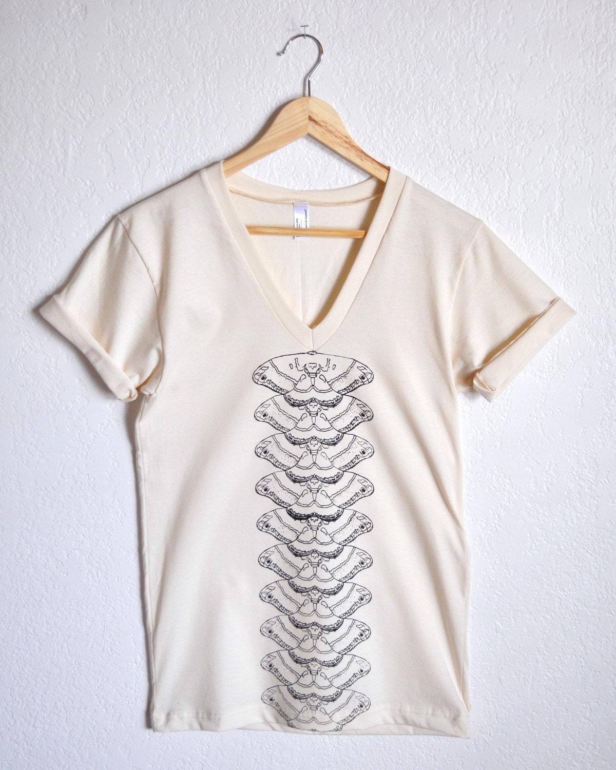 Organic Cotton Hand Printed V-neck T-Shirt in Moth Totem-  Medium