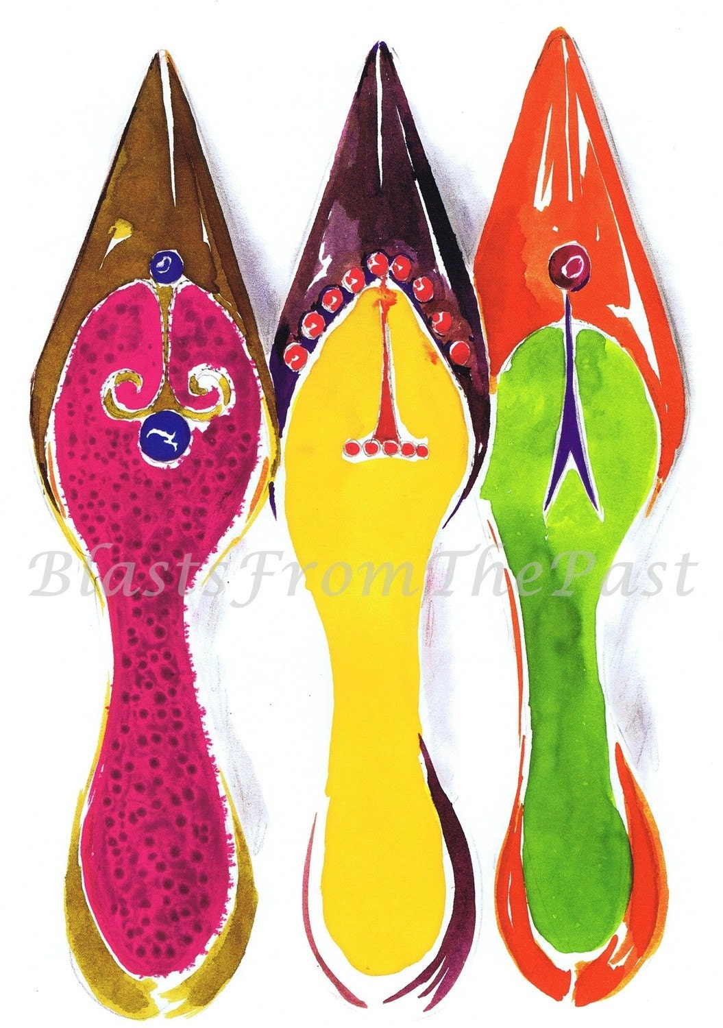 Manolo Blahnik THREE SHOES Print, COLORFUL, Perfect for Framing, Kids Room, Teen Decor, Powder Room, Orange, Green, Yellow