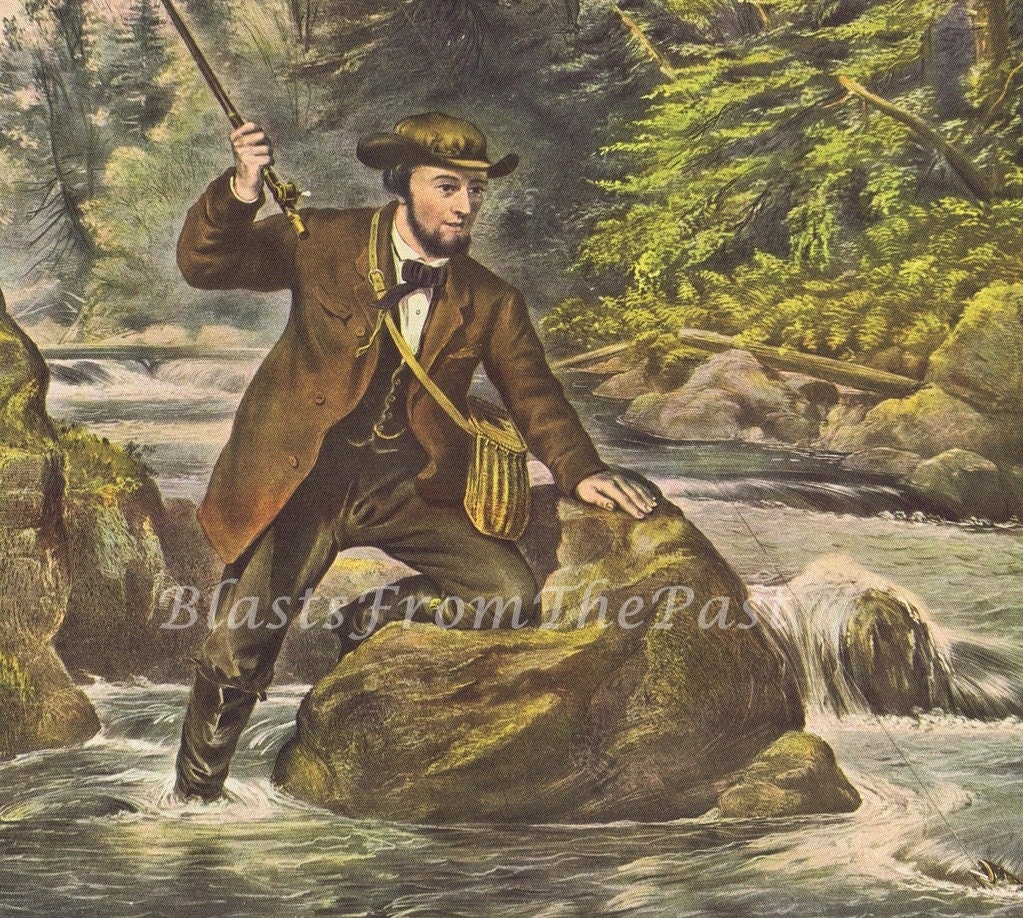Vintage CURRIER AND IVES Print  'Brook Trout Fishing', Perfect for Framing, Fisherman, Stream, Nature, Great Gift for Dad or Grandpa