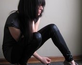 Cosmic midnight black leggings - shiny faux thigh hi style with metallic spandex - small