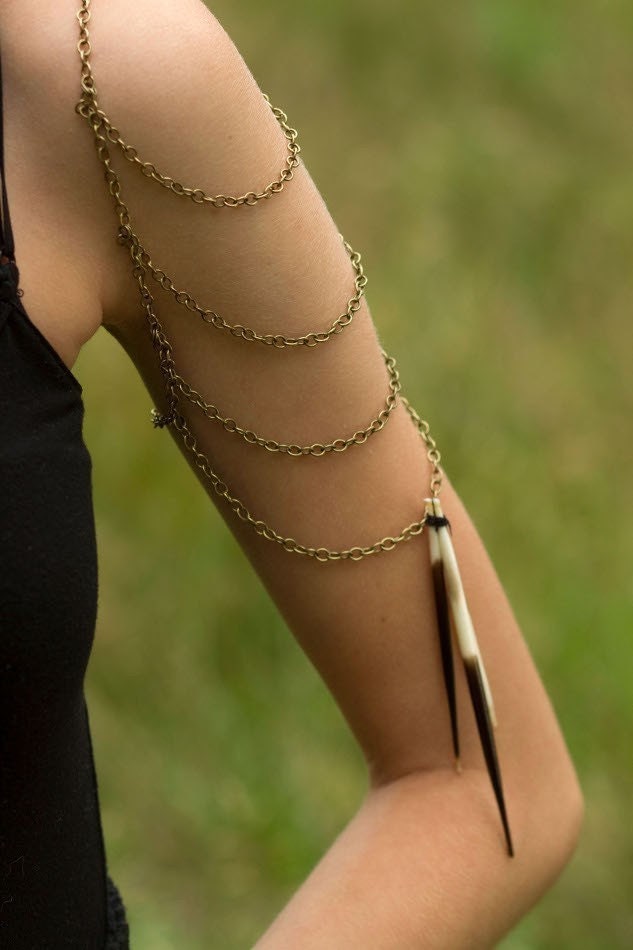 Southwest bohemian body jewelry - shoulder chain harness, statement piece with porcupine quills