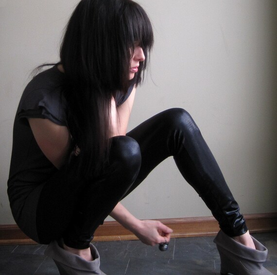 Cosmic midnight black leggings - shiny faux thigh hi style with metallic spandex - small