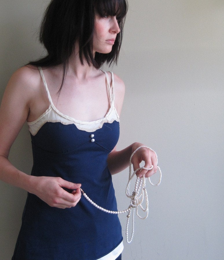 Seafarer tunic - nautical style tank top with navy blue and sand white cotton jersey - small