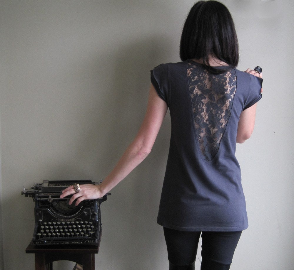 Ill-advised Rendezvous - Steel gray cutout lace shirt ruffle sleeve - small medium large