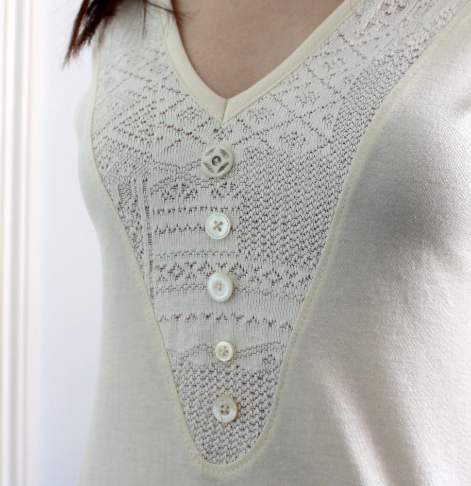 Deep v-neck tunic - country bohemian style with antique ivory buttons and lace insert - small
