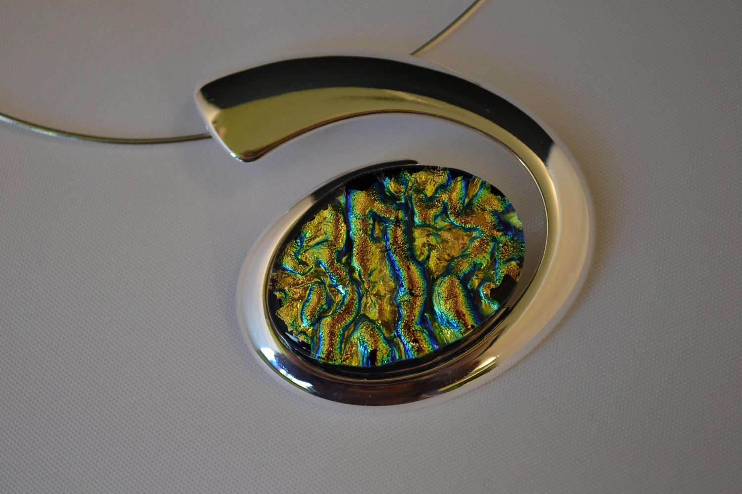 Green, Gold and Blue Dichroic Fused Glass Cabochon on Silver Plated Contemporary Setting / Pendant