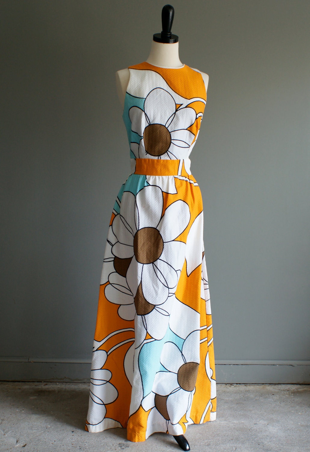 70s Hippie Flower Power Sleeveless Maxi Cotton Sears Dress (M-L)