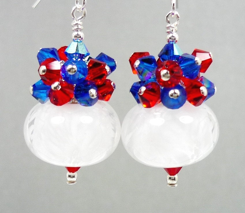 Red White Blue Earrings, Boro Earrings, Glass Bead Earrings, Crystal Cluster Earrings, Glass Earrings, Patriotic Earrings, Beadwork Earrings