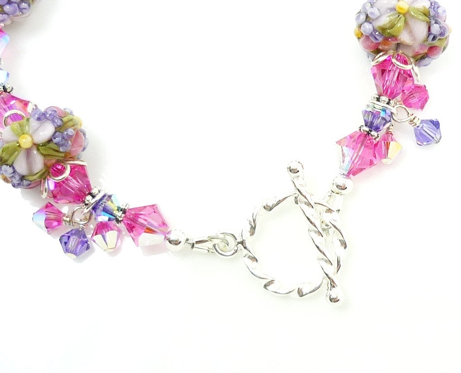 Floral Lampwork Bracelet, Glass Flower Bracelet, Glass Bead Bracelet, Pink Violet Floral Bracelet, Beaded Bracelet, Beadwork Bracelet
