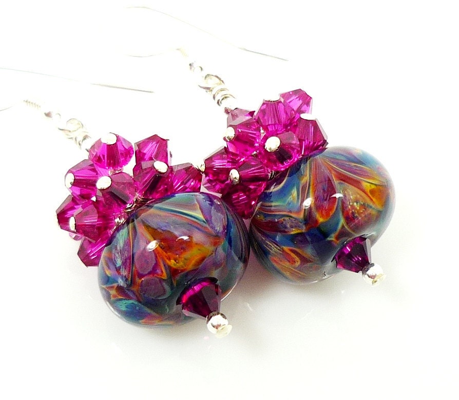Hot Pink Purple Blue Glass Earrings, Boro Lampwork Earrings, Crystal Cluster Earrings, Glass Bead Earrings, Beaded Earrings