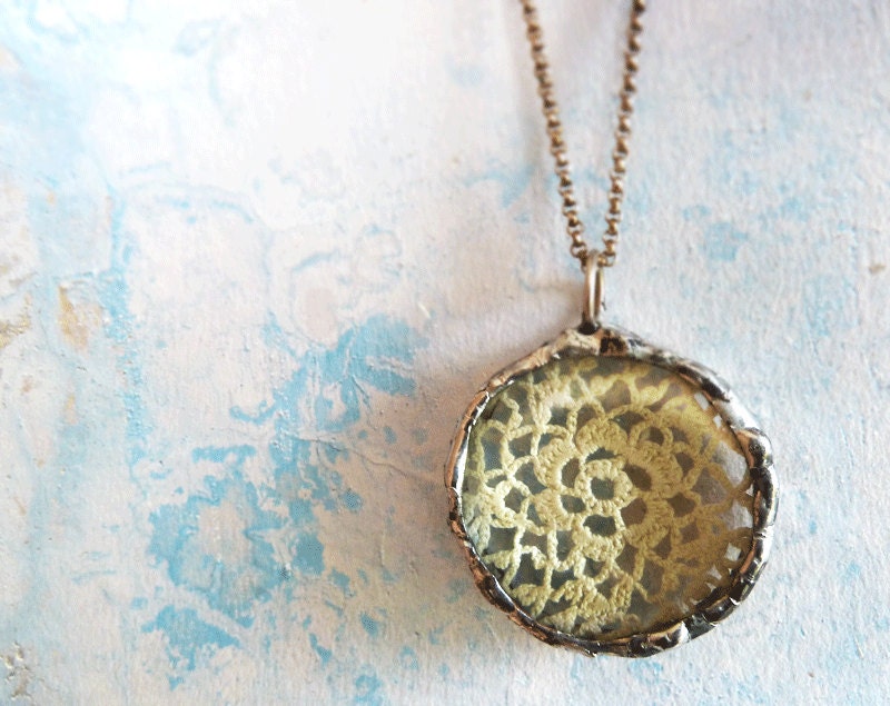 Vintage Lace Necklace. Sterling Silver Chain. Glass Soldered Lens. Cottage Chic Jewelry