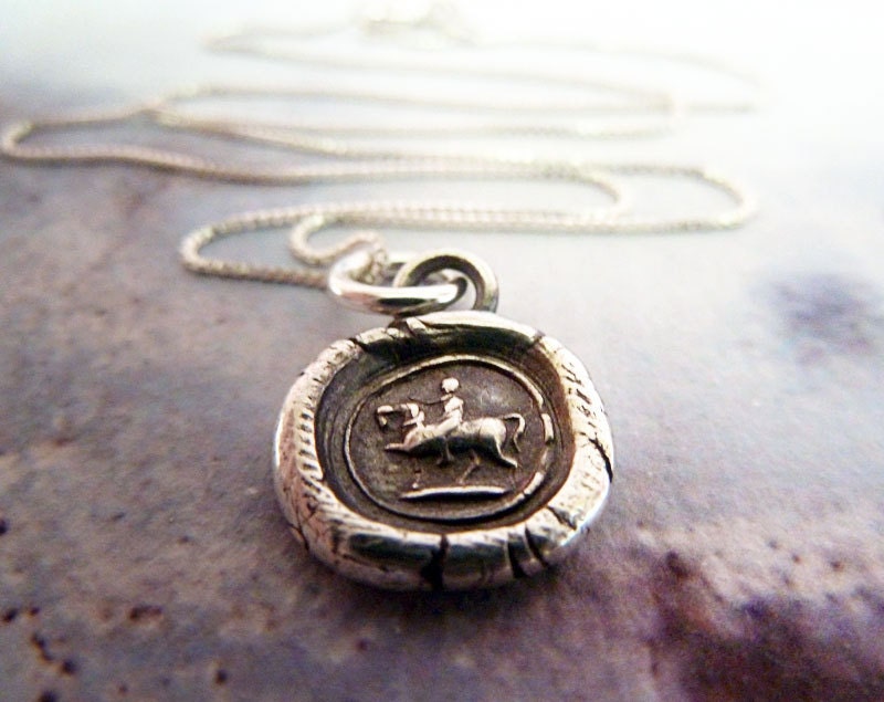 Horse. Wax Seal Necklace. Fine Silver Jewelry. Woman Cantering on the Horseback. Wax Seal Equestrian Jewelry