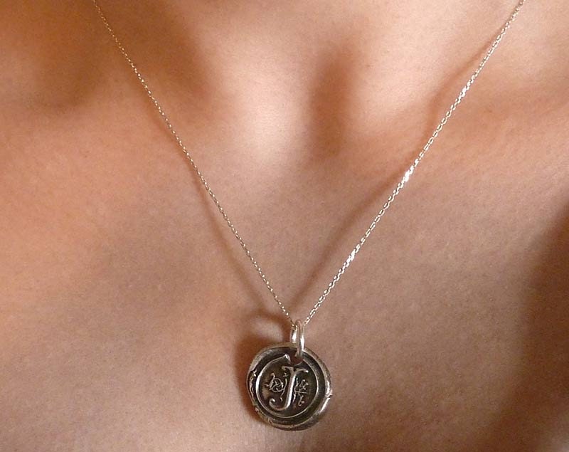Wax Seal Personalized Monogram Silver Necklace. Custom Initial Letter. Vintage Inspired Fine Silver Artisan Jewelry