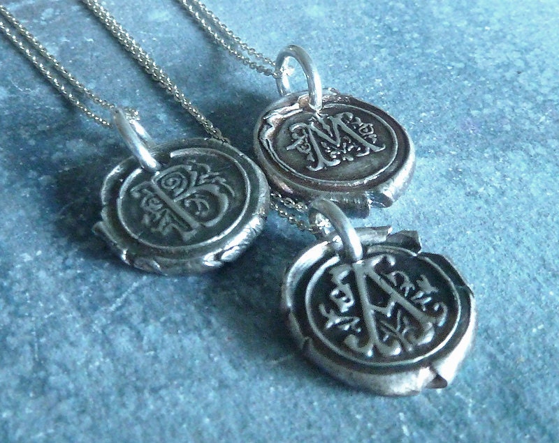 Initial Wax Seal Necklace. Fine Silver Monogram Pendant. Bridesmaid's Gift Jewelry
