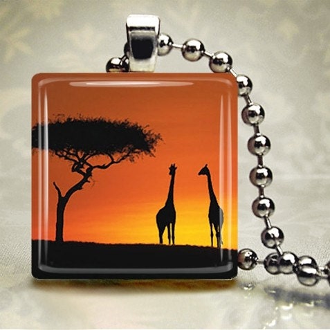 Giraffe Sunset - Glass Tile Pendant (SAB2)