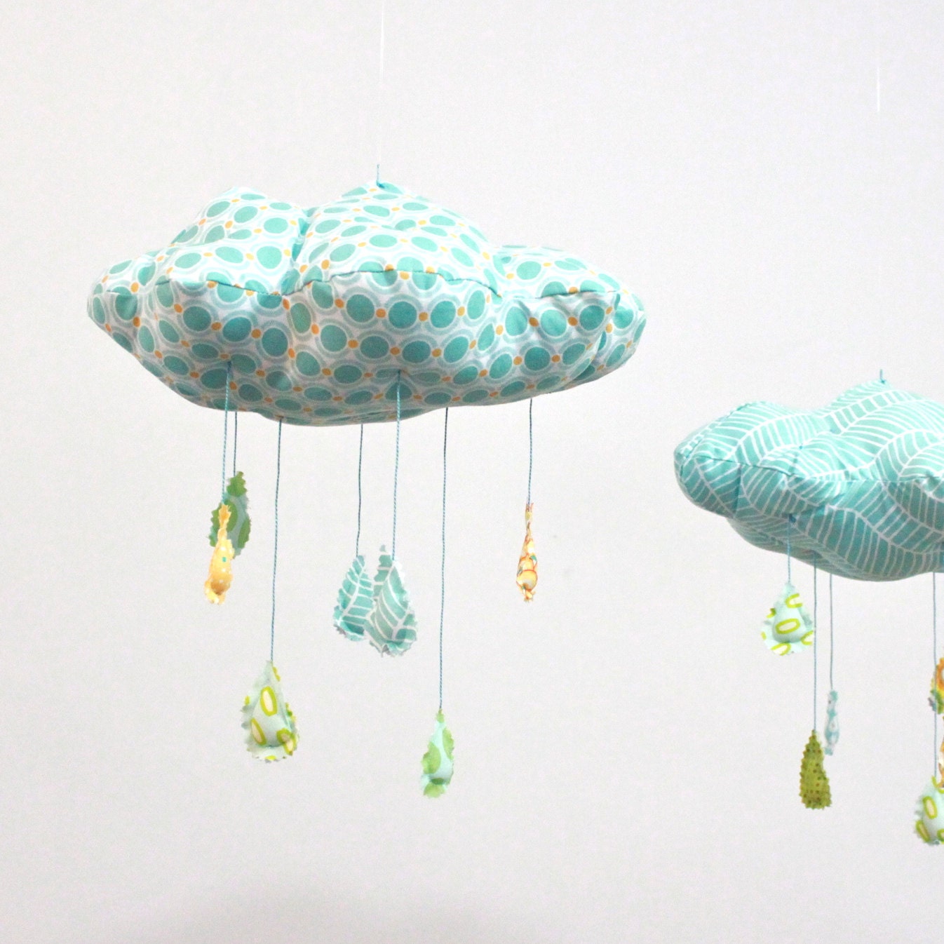 Polka Dot Rain Cloud Mobile - Fabric Nursery Decor - in turquoise blue, yellow, teal, apple green, and white