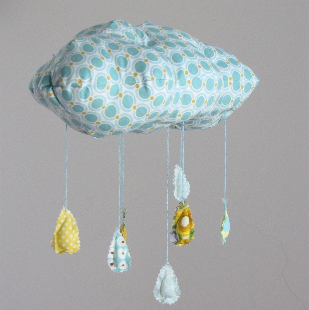 Raindrops keep falling on my head - cloud fabric mobile in baby blue, lemon yellow, and a touch of grass green