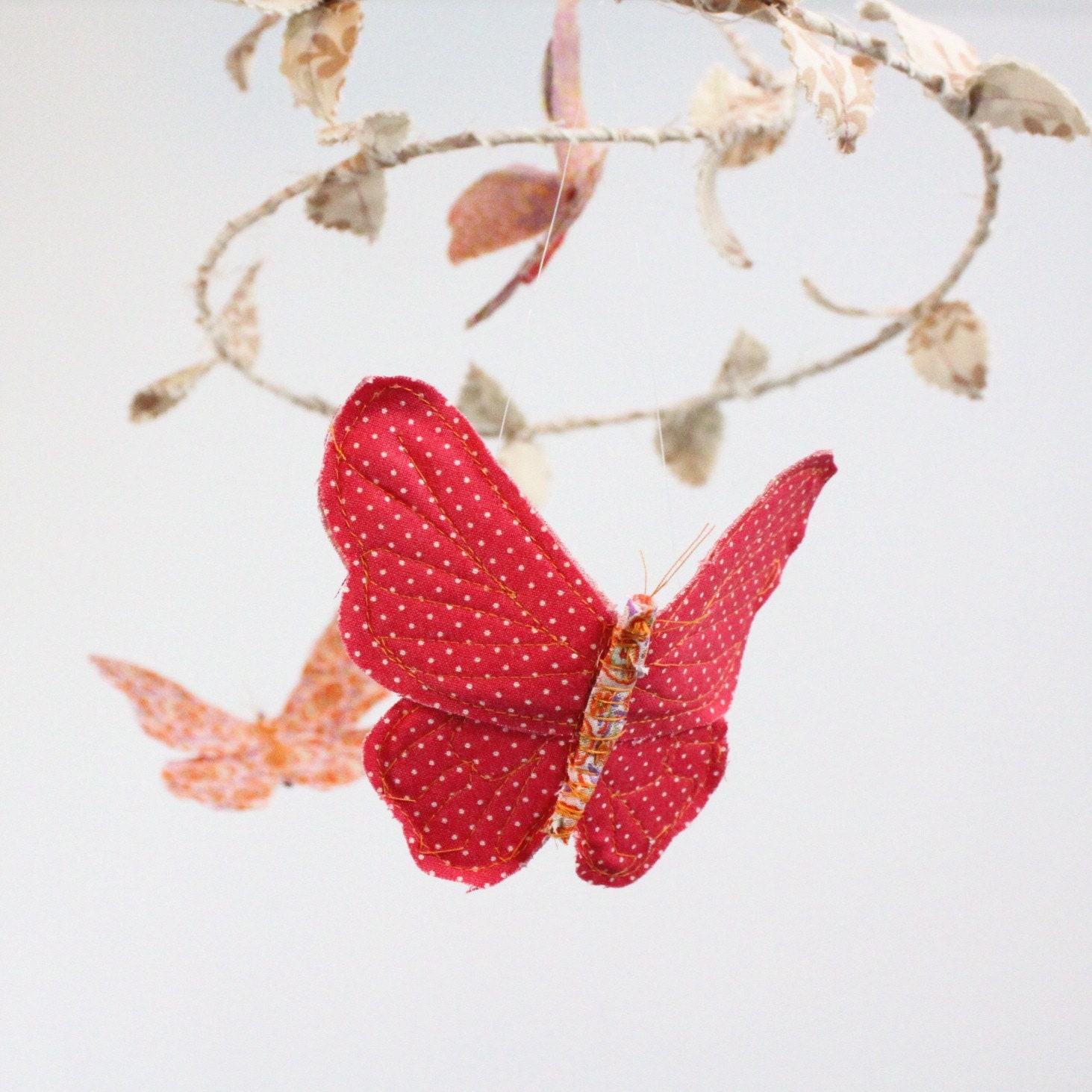 Butterfly Mobile - Modern Baby Nursery Decoration in pale pink, strawberry red, peach, cream, lavender, and white