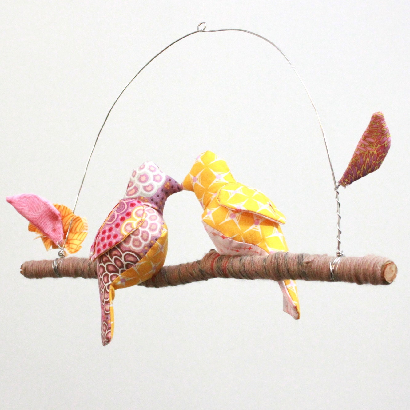 Modern Love Bird Mobile - "2 little lovebirds sitting in a tree K-I-S-S-I-N-G" in honeysuckle pink, white, golden yellow, blush