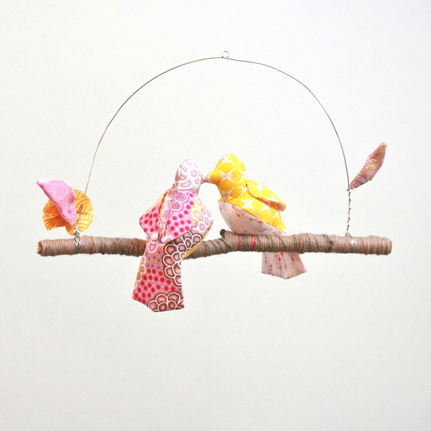 Modern Love Bird Mobile - "2 little lovebirds sitting in a tree K-I-S-S-I-N-G" in honeysuckle pink, white, golden yellow, blush