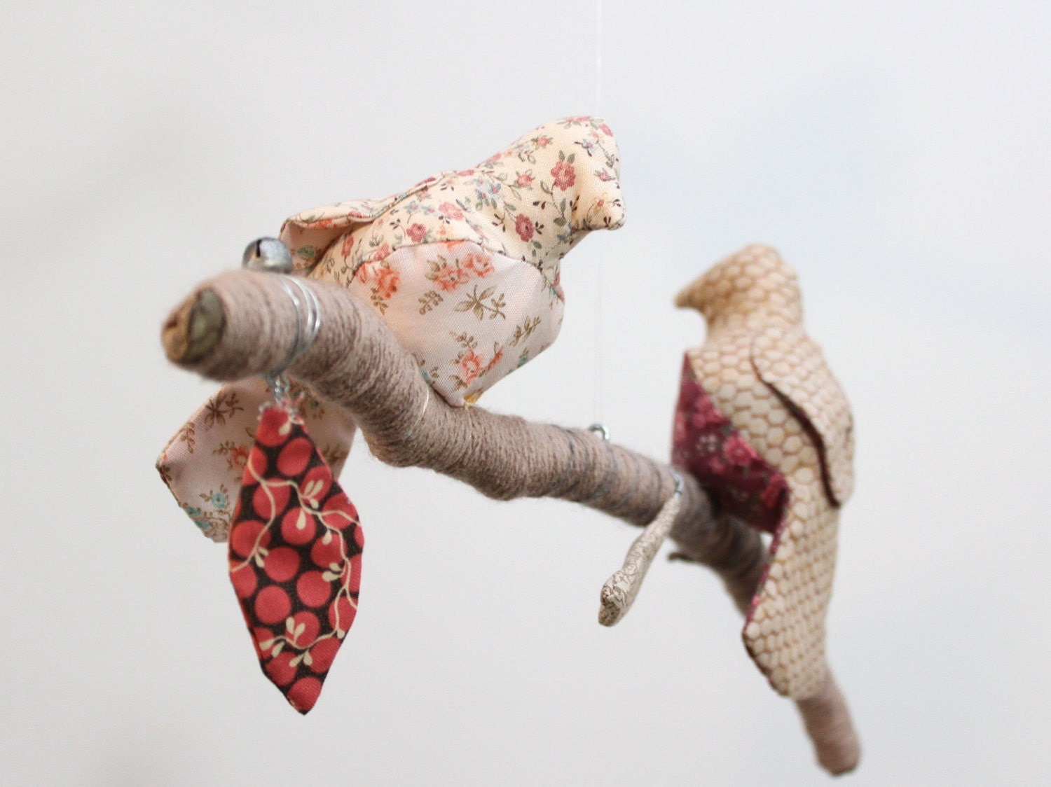 Modern Bird Mobile - 5 little birds told me - fabric sculpture on yarn wrapped branches in honeysuckle, rose, carmel, coffee brown, cream