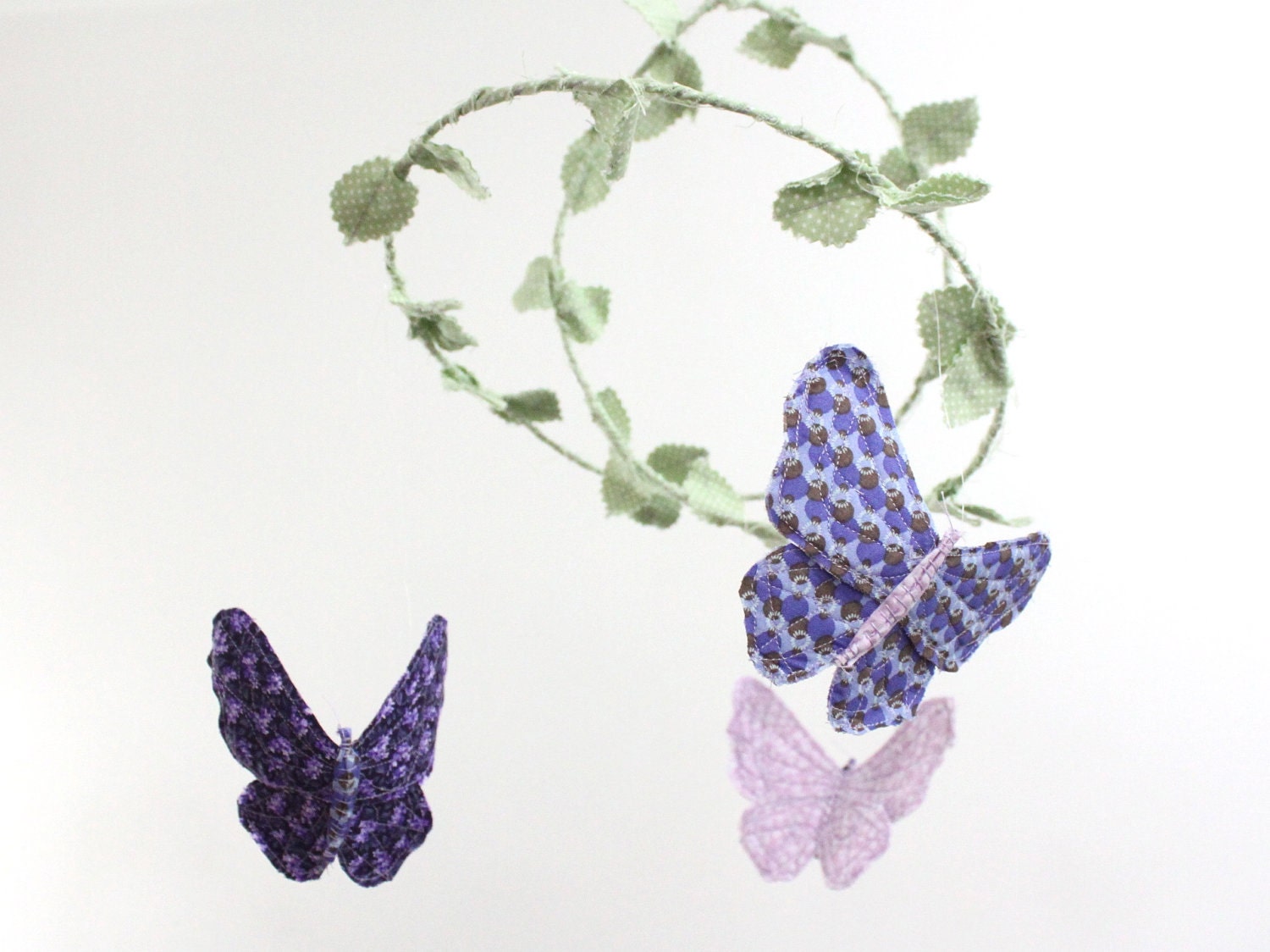 Butterfly Mobile for Baby Nursery Decor - handmade fabric mobile in mint green, lavender, plum purple, gray and white