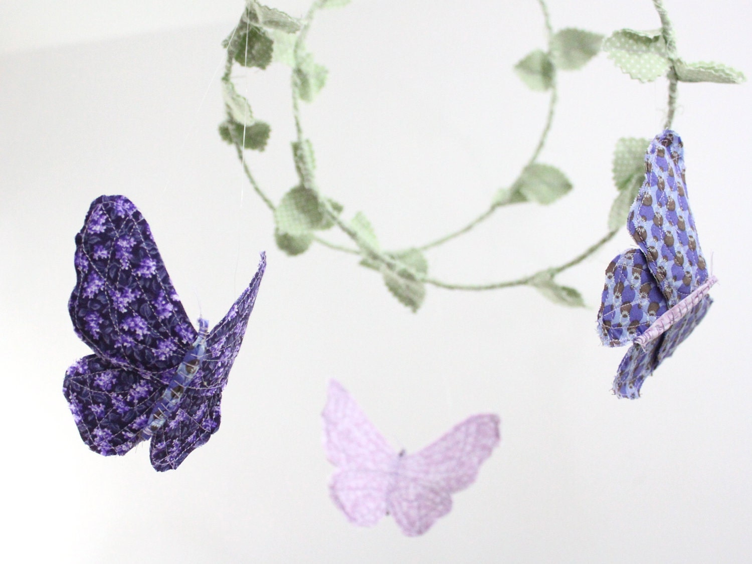 Butterfly Mobile for Baby Nursery Decor - handmade fabric mobile in mint green, lavender, plum purple, gray and white