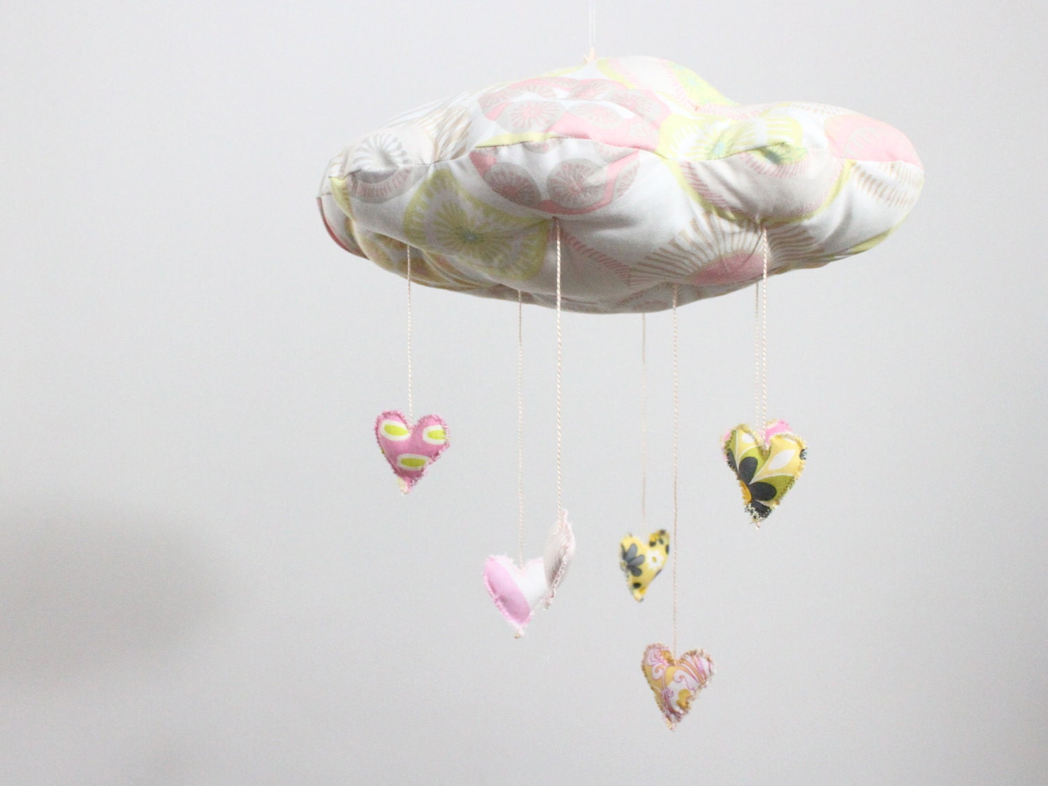 My Sweet Heart Cloud Mobile - LAST ONE in limited edition fabric sculpture decoration for nursery in pink, grey,white and lemon yellow