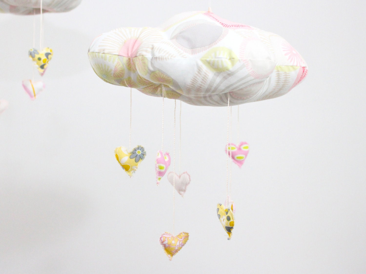 My Sweet Heart Cloud Mobile - LAST ONE in limited edition fabric sculpture decoration for nursery in pink, grey,white and lemon yellow