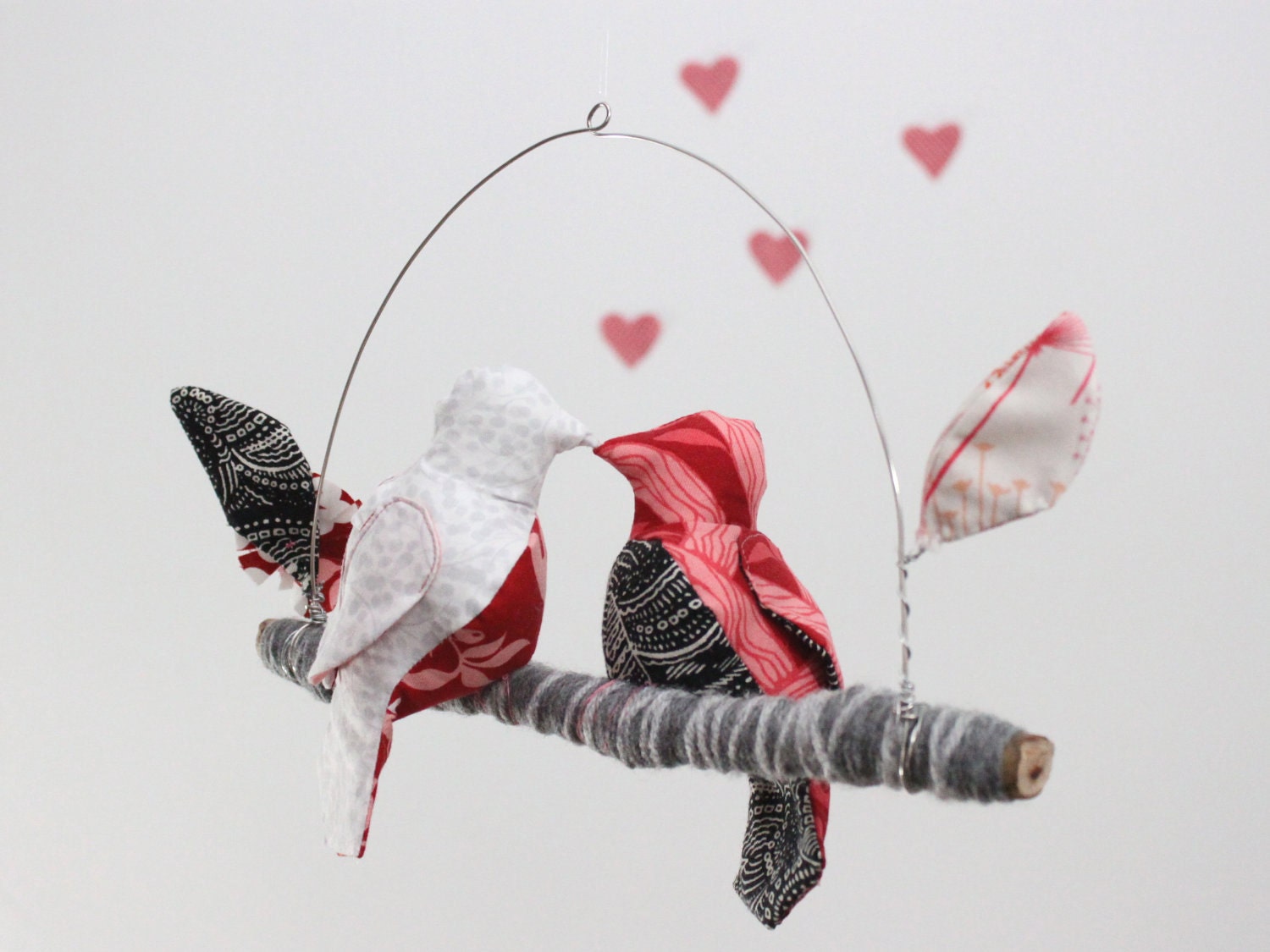 Modern Love Bird Mobile - "2 little lovebirds sitting in a tree K-I-S-S-I-N-G" in rose red, ebony black, snow white, and gray