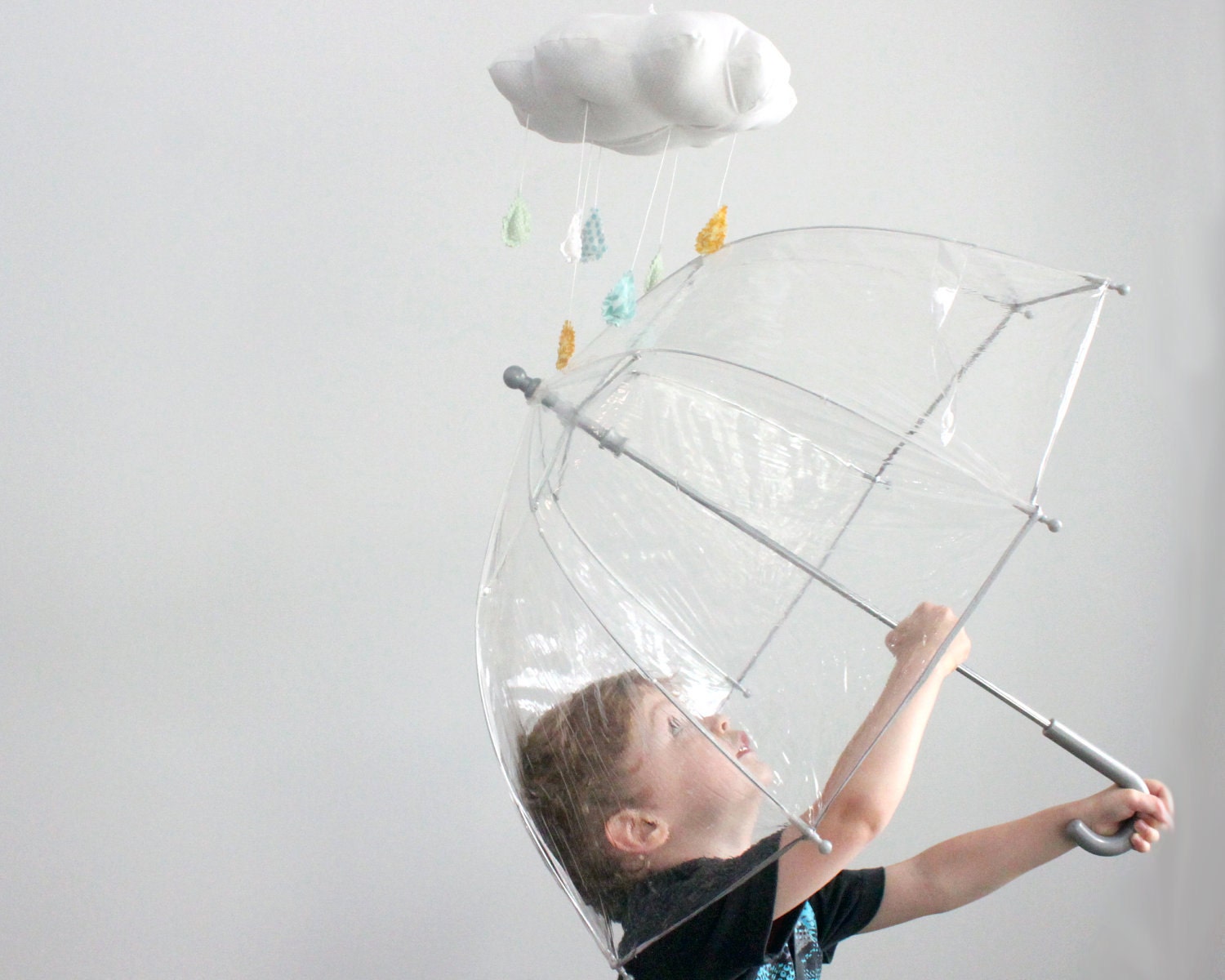 Sunny Cloud Mobile - Tut, tut it looks like rain in white, golden yellow, sky blue, and mint green