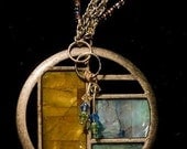 Vintage Jewelry Retro Brass with  Beautiful Blue Yellow and Green Enamel and Swarovski Necklace