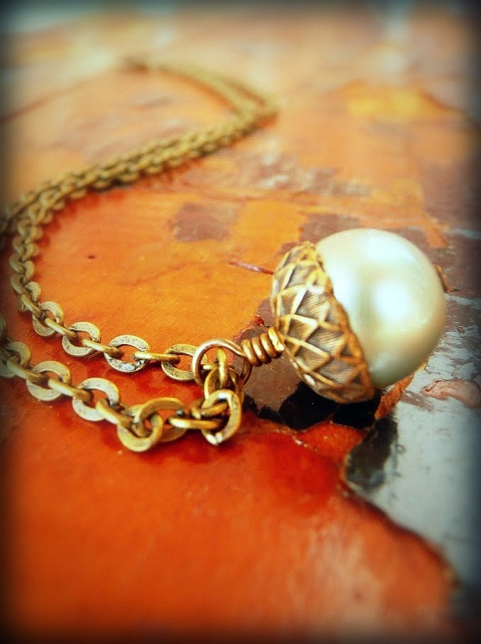 Handmade Necklace - Acorn with Brass Cap Swarovski Pearl - You Pick The Color