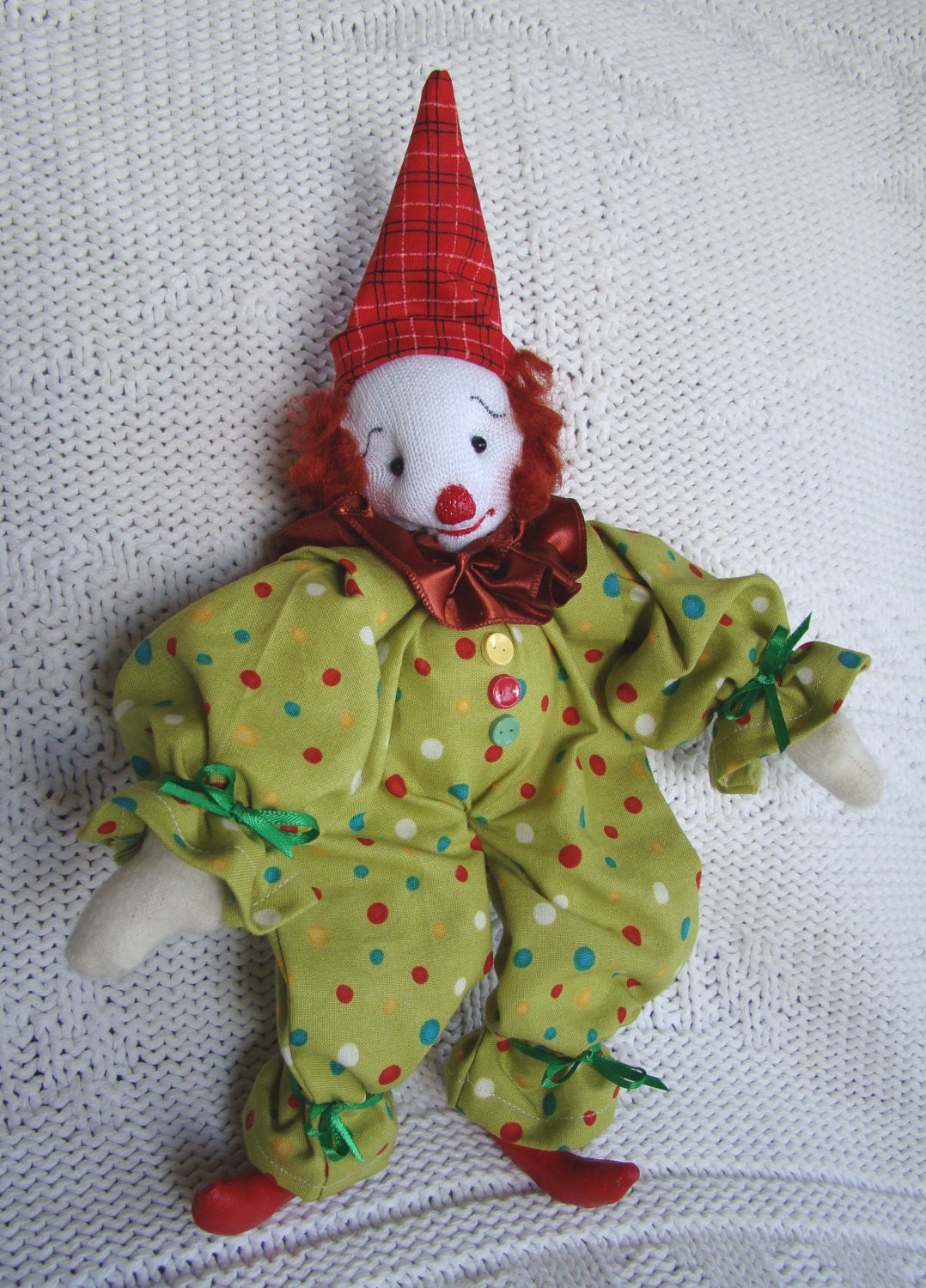 Clown OOAK  9-Inch Soft Sculptured Cloth SugarBelly with Green Suit and Polka Dots
