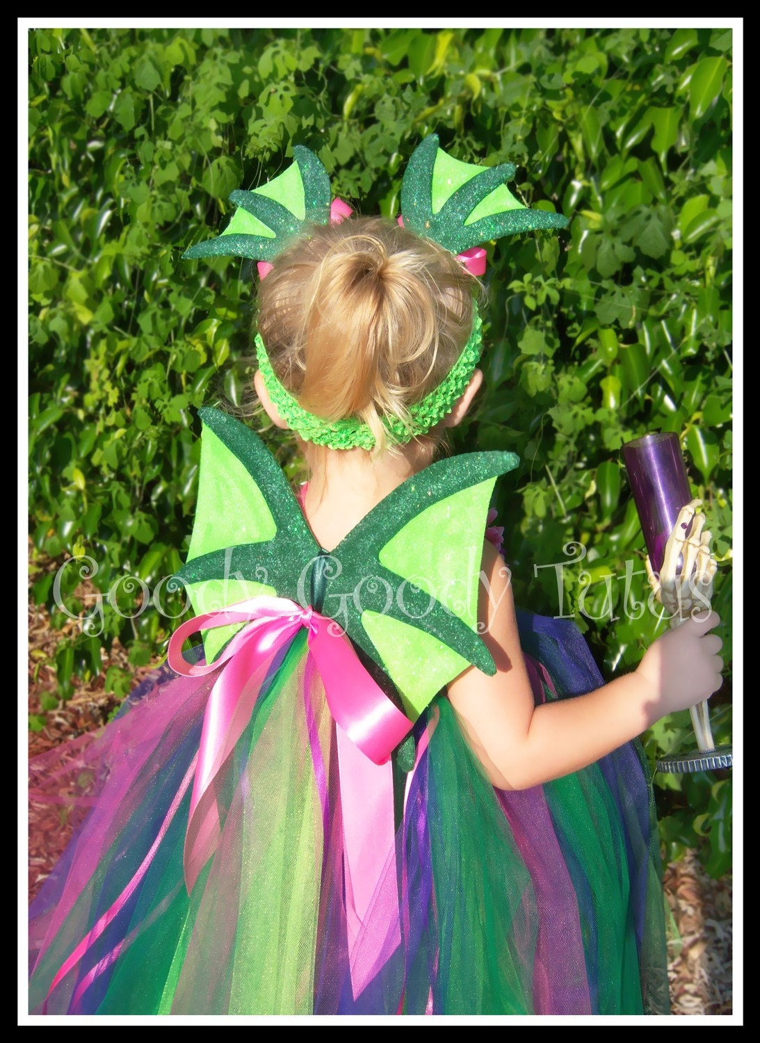 FAIRYTALE DRAGON Tutu Dress in Shades of Green, Pink and Purple with Sparkly Dragon Wings and Dragon Ear Clippies