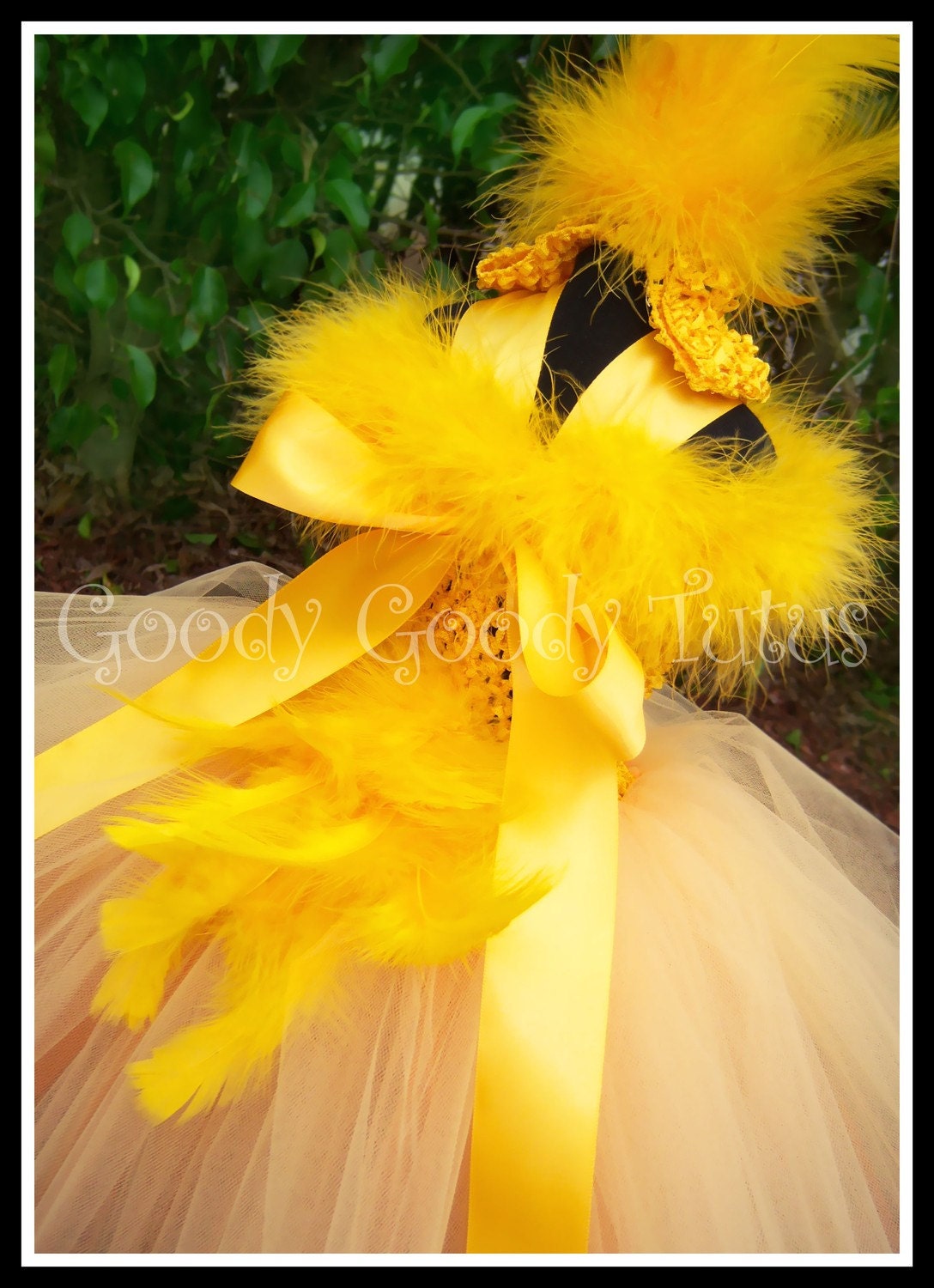 SWEET LITTLE CHICKADEE Yellow Crocheted Tutu Dress with Maribou and Fluffy Tailfeathers with Matching Headpiece