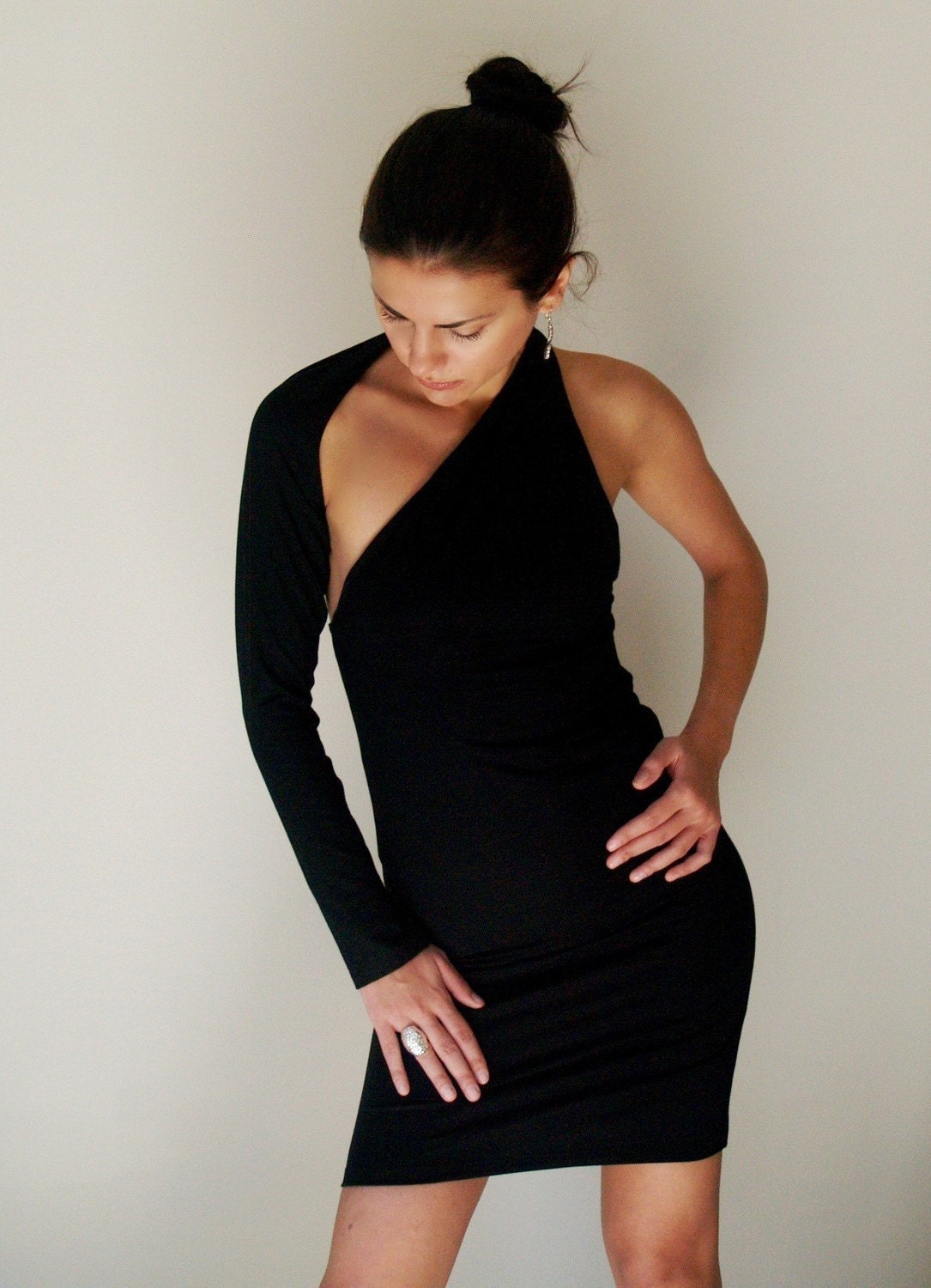 Black Party Dress Fitted One shoulder Mini Dress - Free US Shipping - Donation to UNICEF - Item MM-DRT1100B4