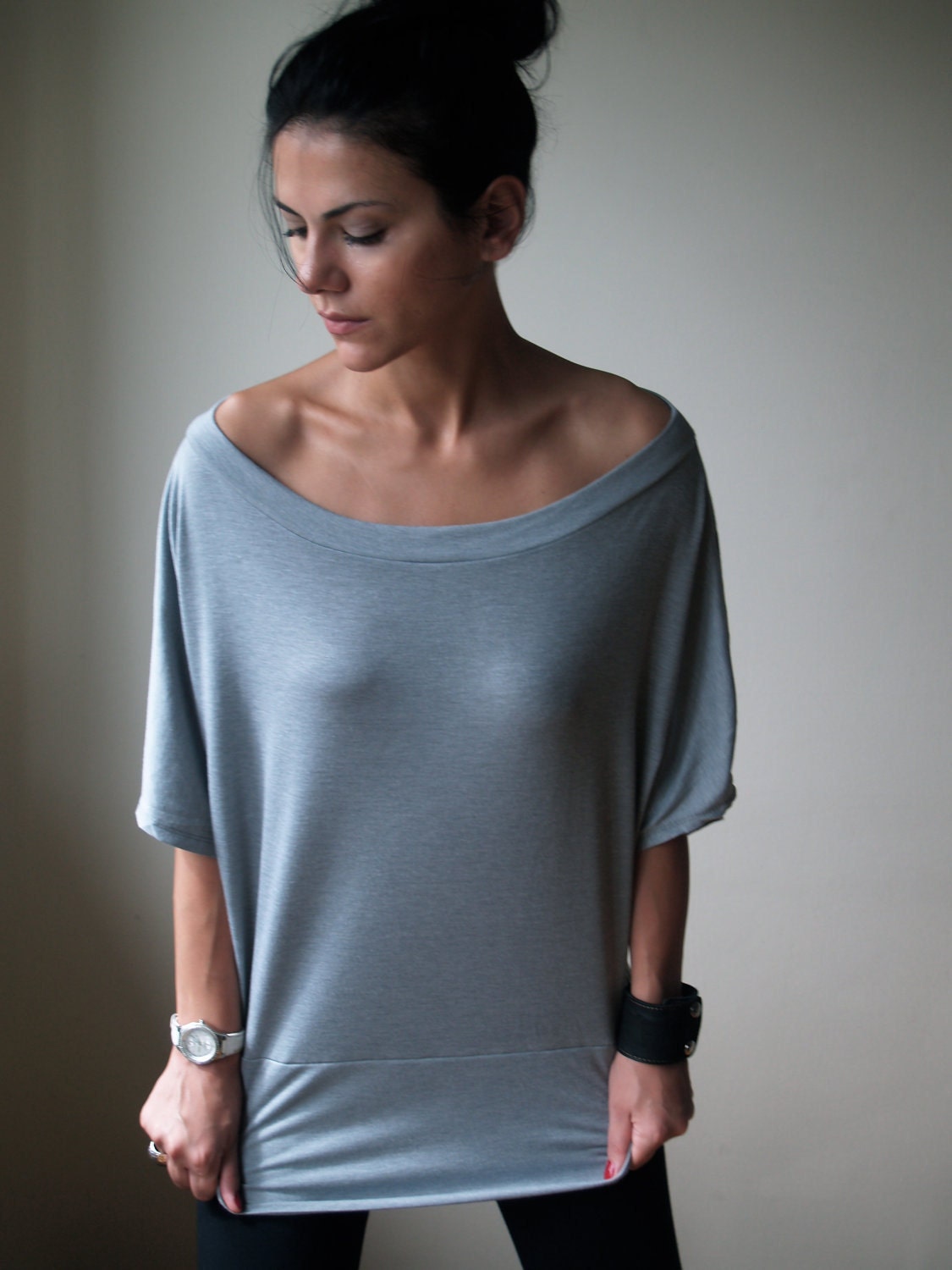Grey Slouchy Oversized Off Shoulder Top - Free US Shipping - Donation to UNICEF - Item MM-BLT13-11LGR3